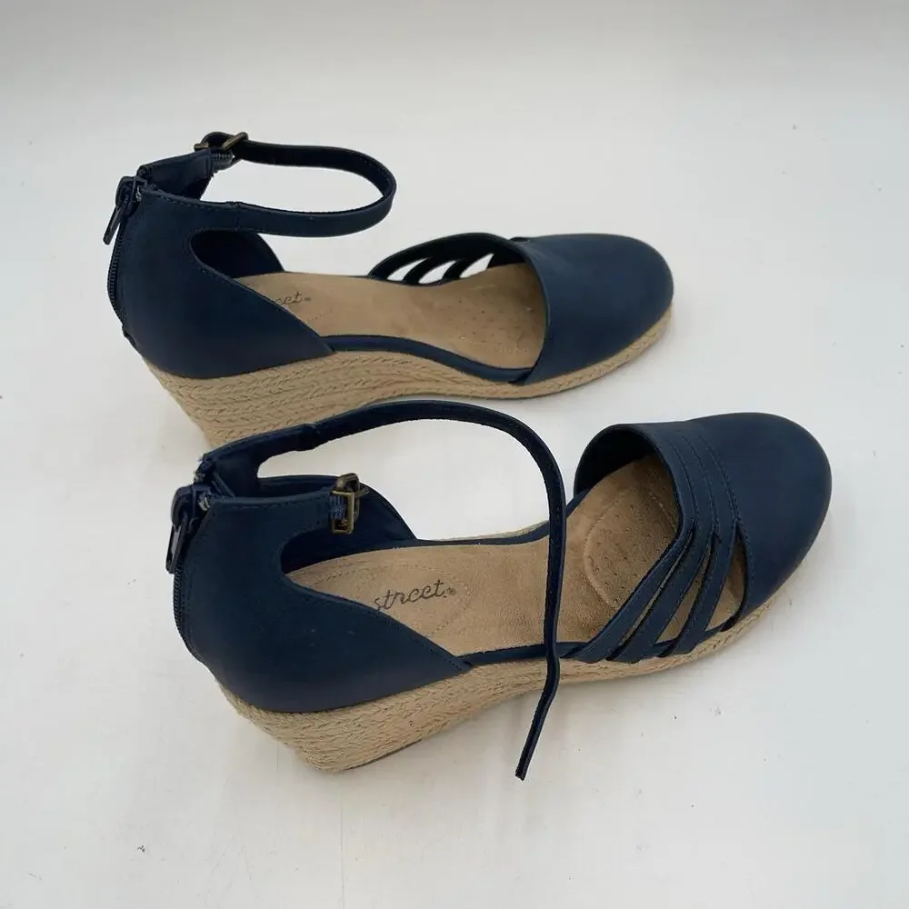 Easy Street Daytona Shoes Womens Navy Espadrille Wedge Sandals Size 9.5 Narrow